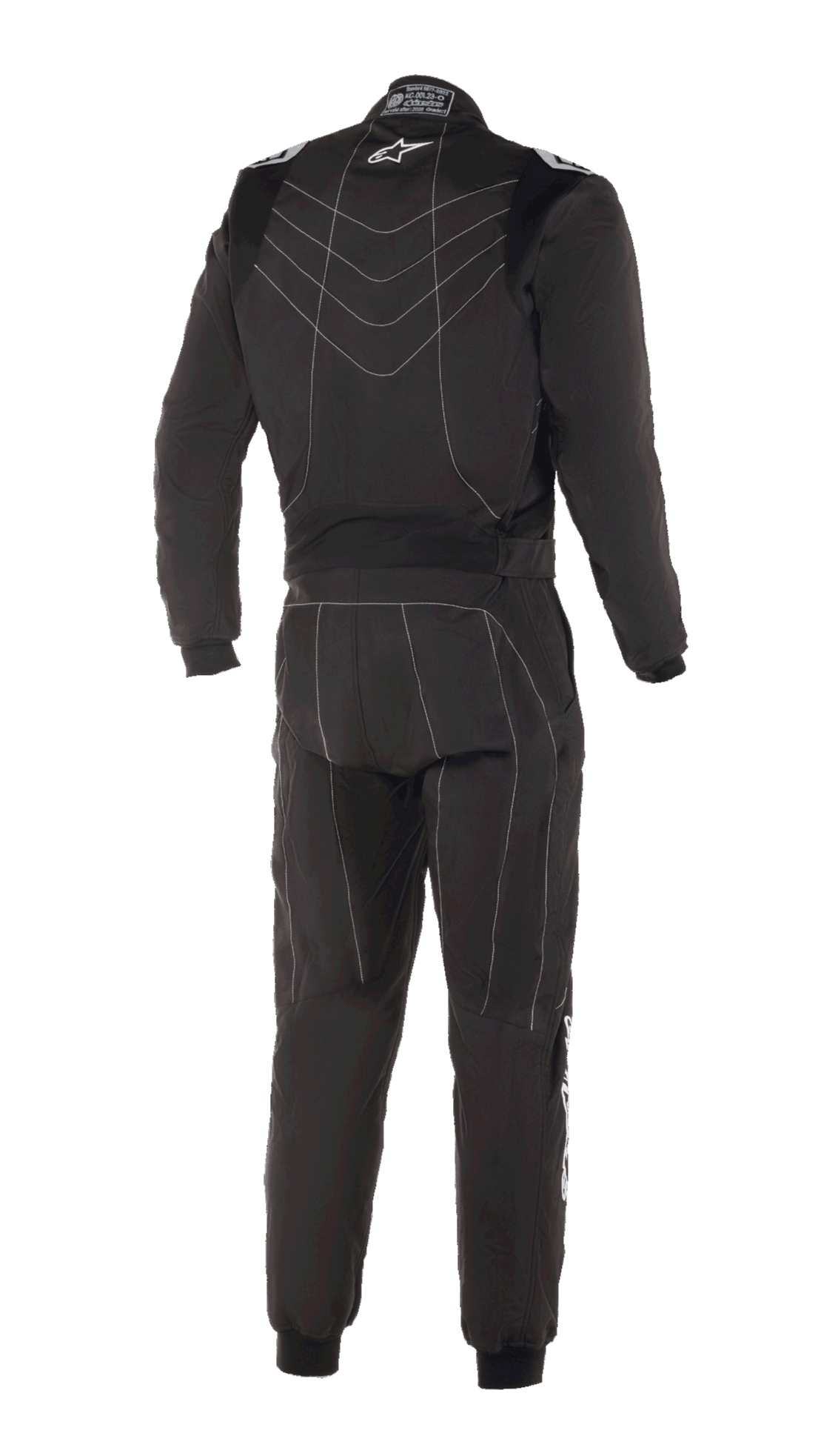 Alpinestars KMX-9 V3 Suit, Karting Suit, Black and White, rear view featuring white decorative stitching, small Alpinestars star logo on the upper back, knitted wrist and ankle cuffs, designed for kart racing