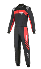 Alpinestars KMX-9 V3 Graphic 3 Suit, Karting Suit, Black and Red, one-piece motorsport design with red graphic accents on the chest and leg, white logos, ribbed wrist and ankle cuffs, high collar, professional racing apparel