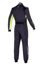 Alpinestars KMX-9 V3 Graphic 3 Suit, Karting Suit, Black and Yellow Fluo, rear view featuring fluorescent yellow panels on the sleeves and sides, black stretch lumbar panel, and white Alpinestars logos on the back and legs.