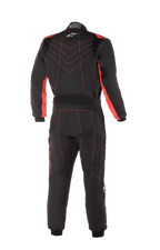 Alpinestars Youth KMX-9 V3 Suit, Karting Suit, Black and Red Fluo, rear view featuring red contrast stitching in a chevron pattern on the back, red panels on the inner arms, small white star logo on the collar, and an adjustable waist belt for a professional racing look.