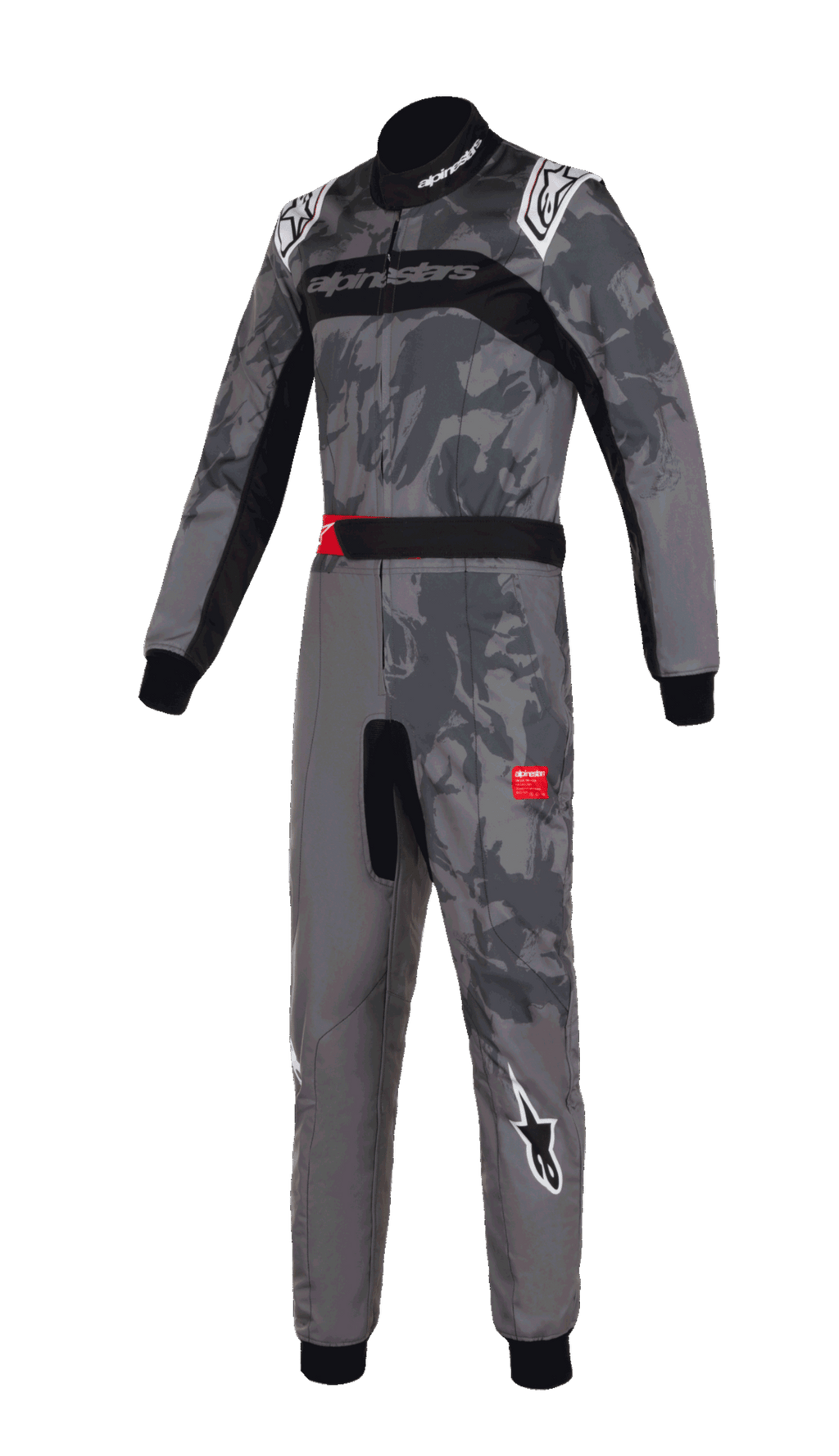 Alpinestars KMX-9 V3 Graphic 5 Suit, Karting Suit, Dark Gray and Black camouflage graphic, featuring white Alpinestars logos on shoulders and legs, black stretch panels, red accents on the belt, professional one-piece design for motorsport racing