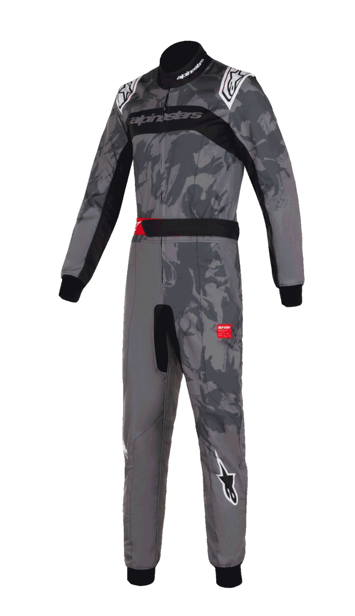Alpinestars KMX-9 V3 Graphic 5 Suit, Karting Suit, Dark Gray and Black camouflage graphic, featuring white Alpinestars logos on shoulders and legs, black stretch panels, red accents on the belt, professional one-piece design for motorsport racing