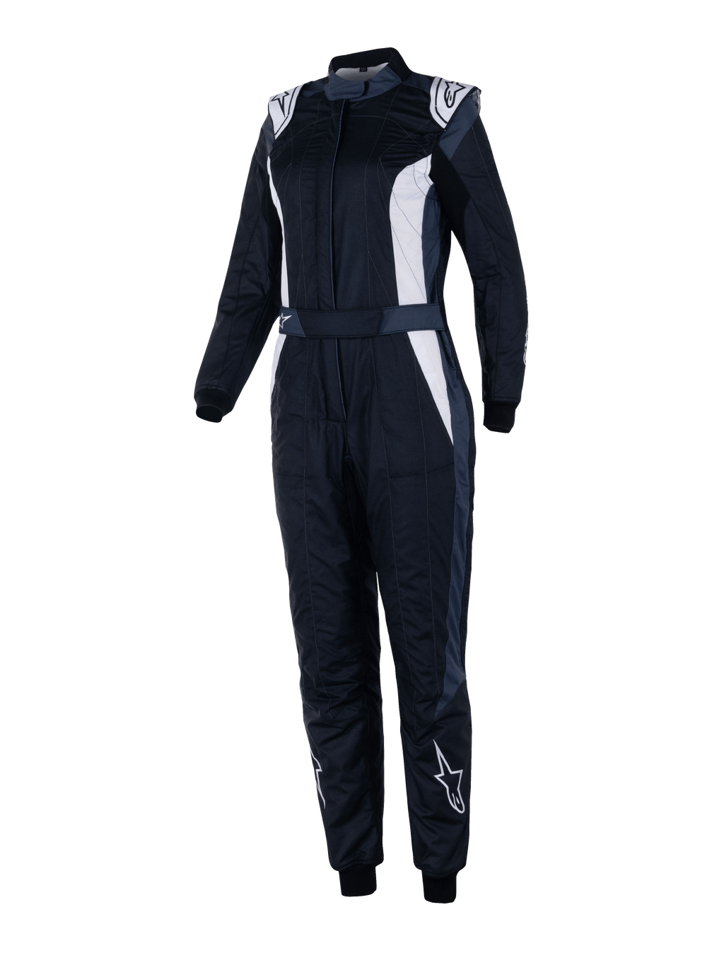 Alpinestars Stella GP Pro Comp V2 Suit, Women's FIA Racing Suit, Black Asphalt and White, long sleeves with high collar, white logos on shoulders and shins, adjustable waist belt, elastic cuffs, aerodynamic design for professional motorsport racing
