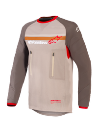 Alpinestars Maxdura Dual Jersey, Adventure and Dual-Sport Motorcycle Jersey, Aluminum Walnut and Brown, mesh torso with abrasion-resistant sleeves, dual zippered chest pockets, orange stripe and Alpinestars logo on chest, red trim on collar and cuffs