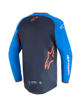 Alpinestars Maxdura Dual Jersey, Motorcycle Jersey, Deep Gray and Royal Blue, back view showing mesh torso panel and orange star logo, royal blue sleeves with white Alpinestars text, drop-tail hem for off-road performance