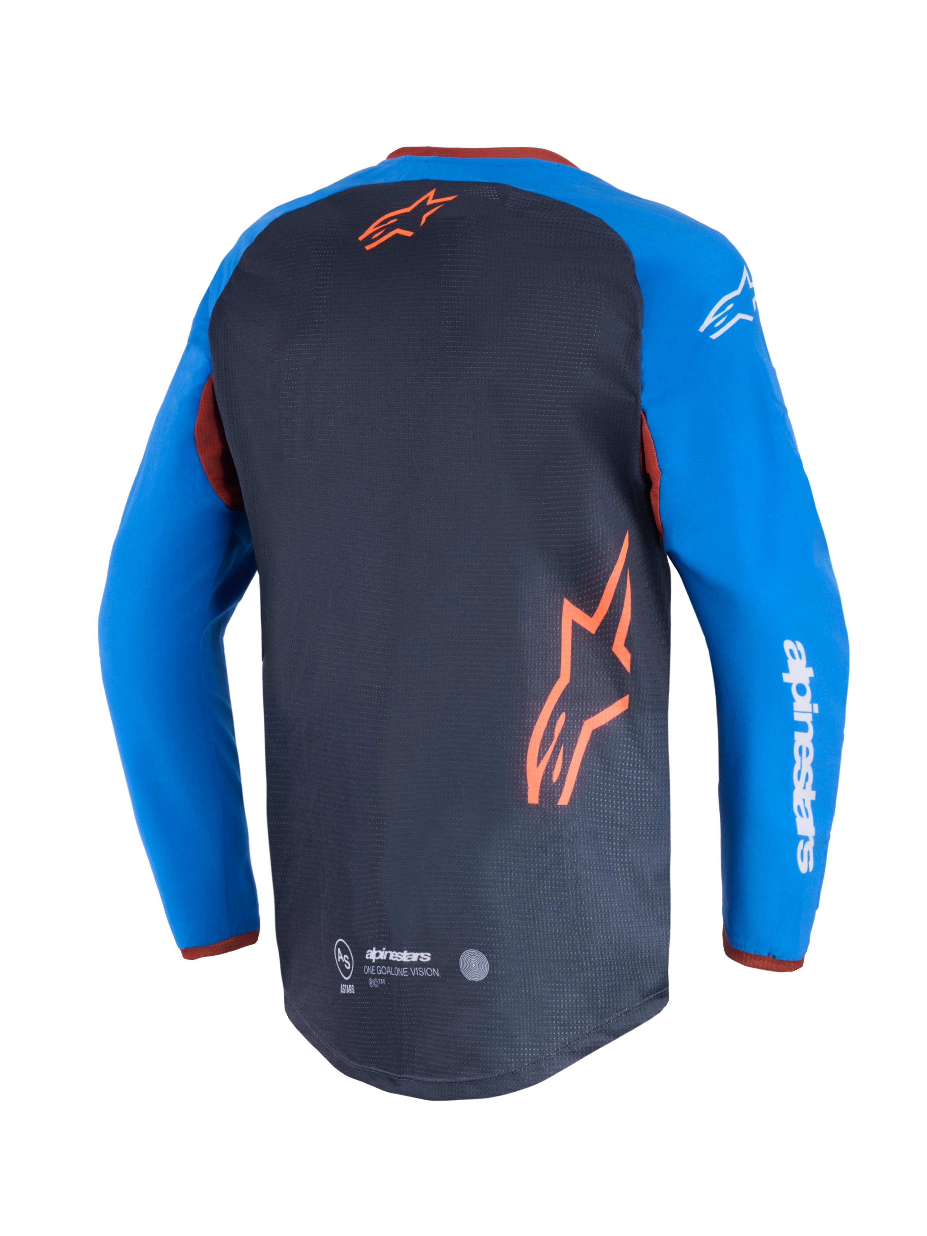 Alpinestars Maxdura Dual Jersey, Motorcycle Jersey, Deep Gray and Royal Blue, back view showing mesh torso panel and orange star logo, royal blue sleeves with white Alpinestars text, drop-tail hem for off-road performance