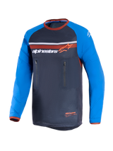 Alpinestars Maxdura Dual Jersey, Deep Gray and Royal Blue, dual-sport motorcycle jersey featuring a full mesh torso, abrasion-resistant long sleeves with reinforcement patterns, orange accents, and dual vertical zippered chest pockets