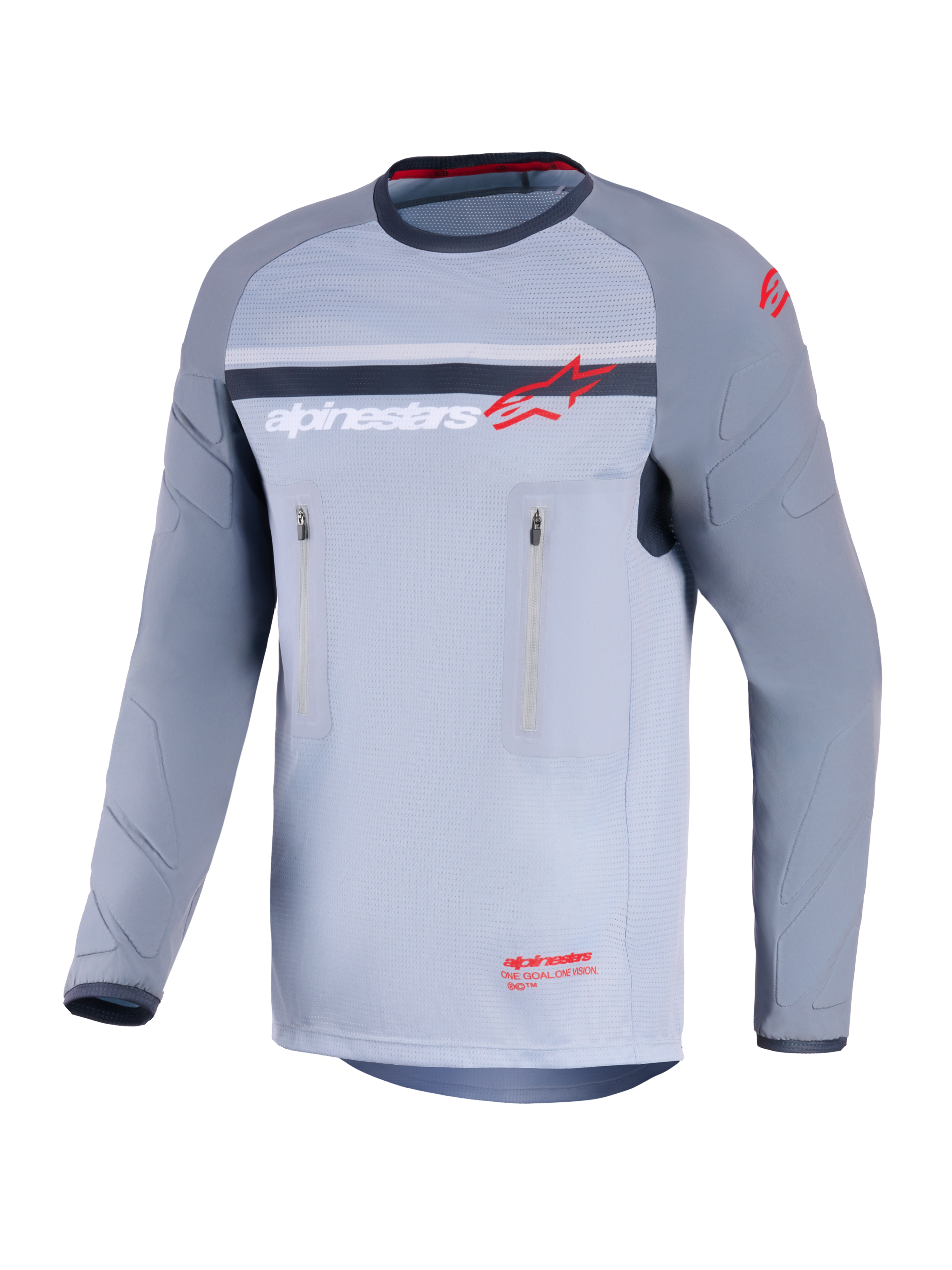 Alpinestars Maxdura Dual Jersey, Adventure Motorcycle Jersey, Mid Gray and Dark Gray, front view featuring vertical zippered chest pockets, abrasion-resistant sleeves with integrated padding, and Alpinestars branding in red and white, performance gear for off-road riding