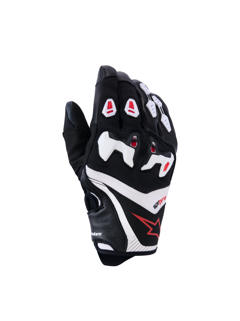 Alpinestars SP-R Pro Gloves, Motorcycle Racing Gloves, Black with White and Red Accents, Backhand View featuring Divided TPU Knuckle Protection, Textured Leather and Mesh Construction, Red Star Logo on the wrist