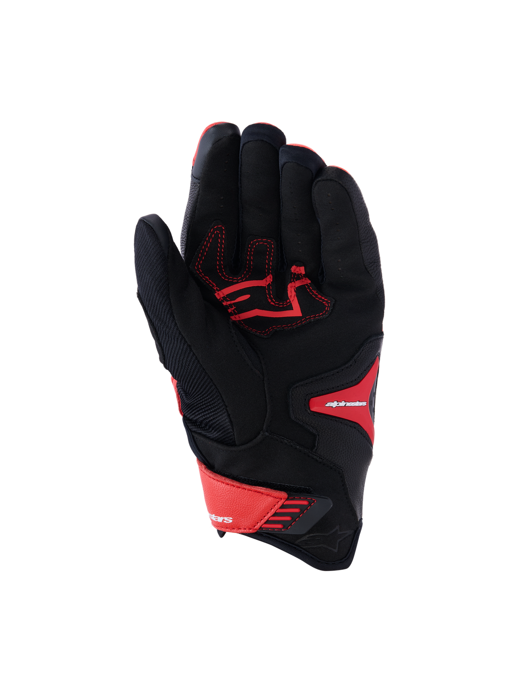 Alpinestars SP-R Pro Gloves, Sport Motorcycle Gloves, Bright Red, Red Fluo and Black, palm view showing reinforced leather palm with red contrast stitching, textile chassis, and adjustable wrist closure.