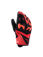 Alpinestars SP-R Pro Gloves, Motorcycle Sport Gloves, Bright Red, Red Fluo, and Black, featuring divided TPU knuckle protection, perforated leather fingers for ventilation, and a sleek goat leather and textile design with the Alpinestars star logo.