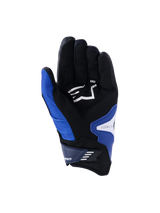 Alpinestars SP-R Pro Gloves, palm view, Bright Blue Navy and White, featuring a black synthetic leather palm with a white Alpinestars logo, short cuff design with a velcro closure strap, and reinforced grip sections.