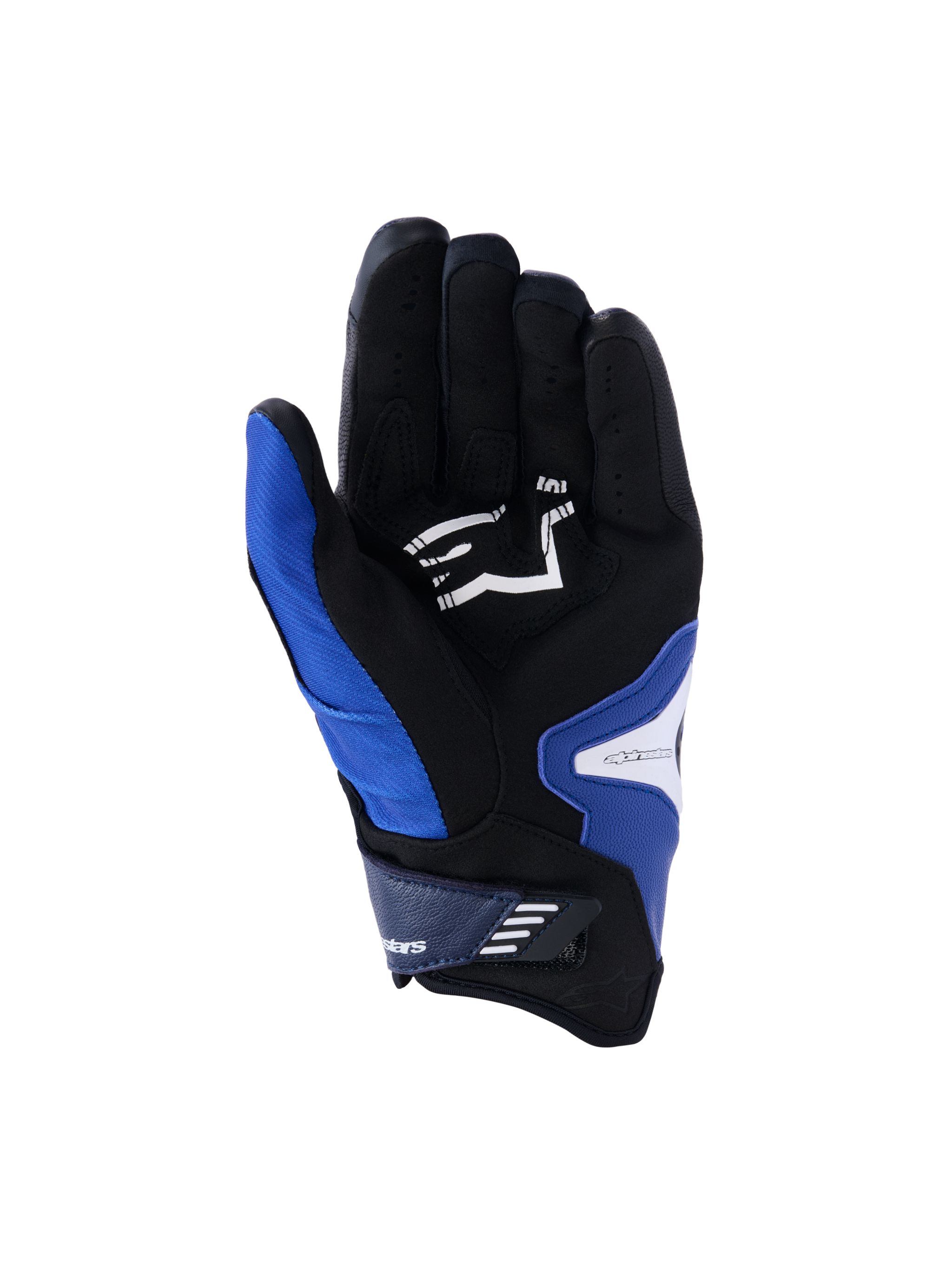 Alpinestars SP-R Pro Gloves, palm view, Bright Blue Navy and White, featuring a black synthetic leather palm with a white Alpinestars logo, short cuff design with a velcro closure strap, and reinforced grip sections.