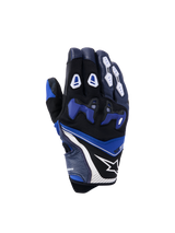 Alpinestars SP-R Pro Gloves, Motorcycle Racing Gloves, Bright Blue Navy and White, backhand view with blue divided TPU knuckle protector, white finger guards, Alpinestars star logo, and short cuff design