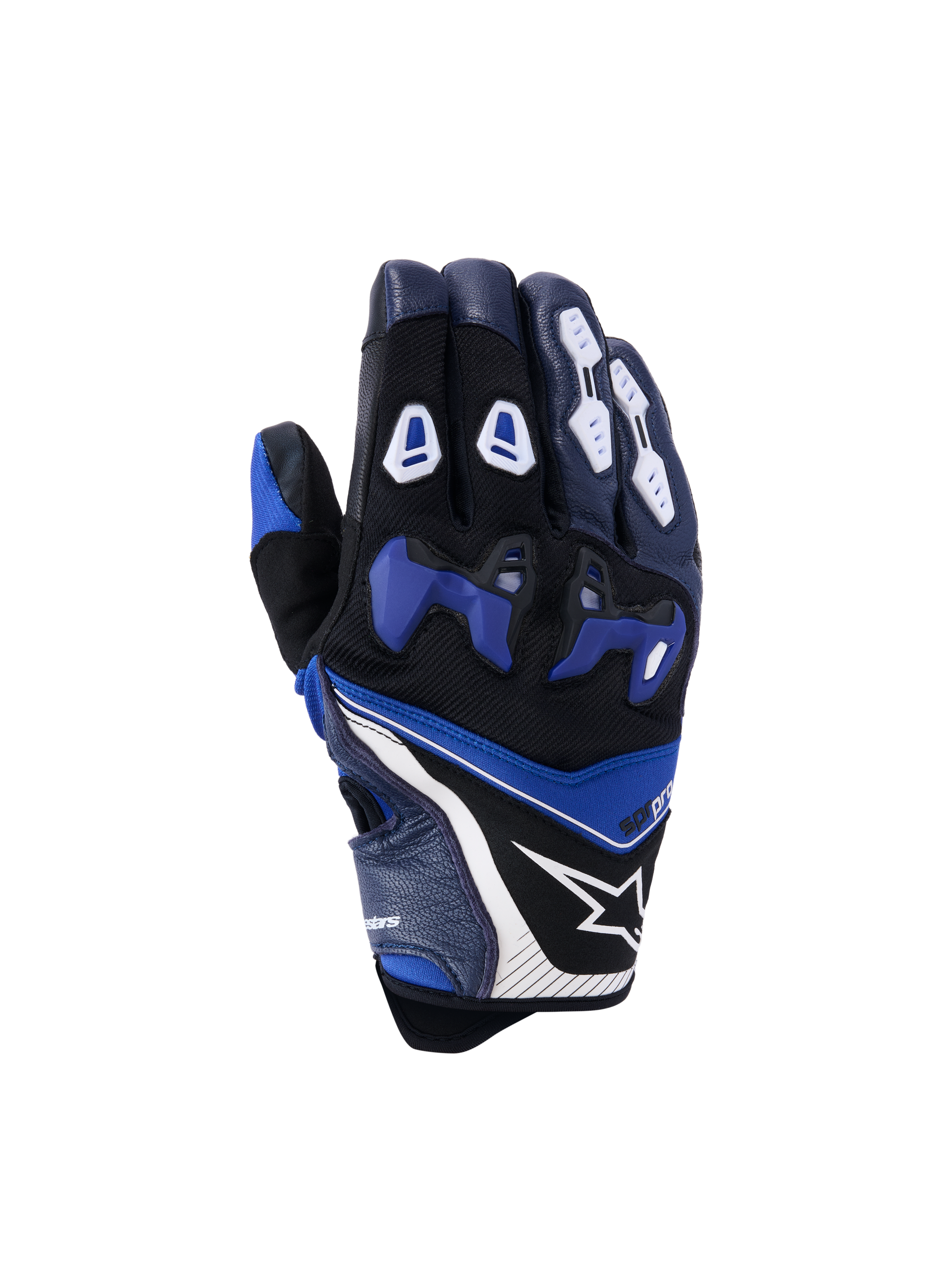 Alpinestars SP-R Pro Gloves, Motorcycle Racing Gloves, Bright Blue Navy and White, backhand view with blue divided TPU knuckle protector, white finger guards, Alpinestars star logo, and short cuff design
