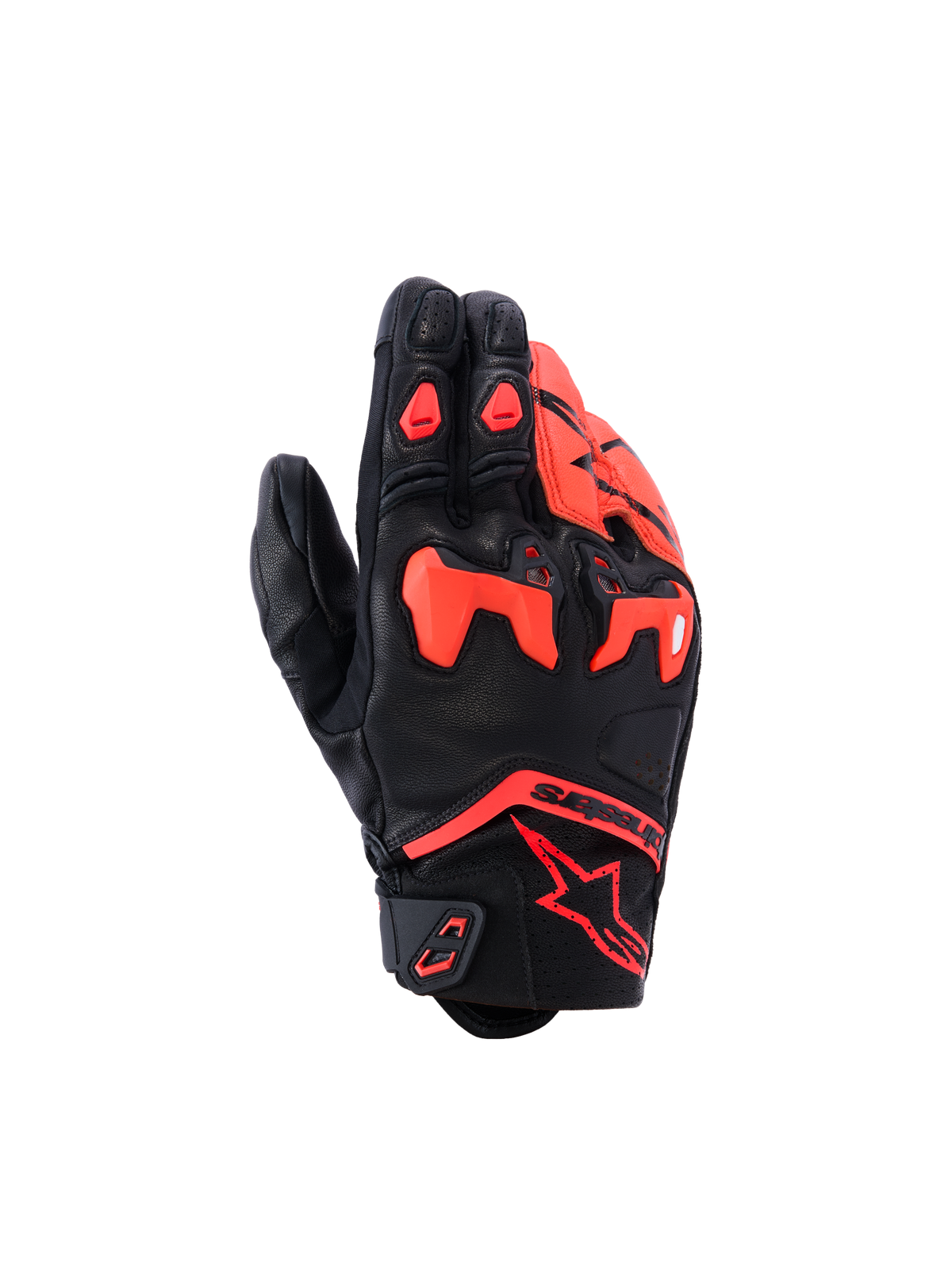 Alpinestars SP-R Tech Gloves, Short-Cuff Motorcycle Gloves, Black and Red Fluo, featuring divided TPU knuckle armor, premium goat leather construction, and Alpinestars star logo on the wrist