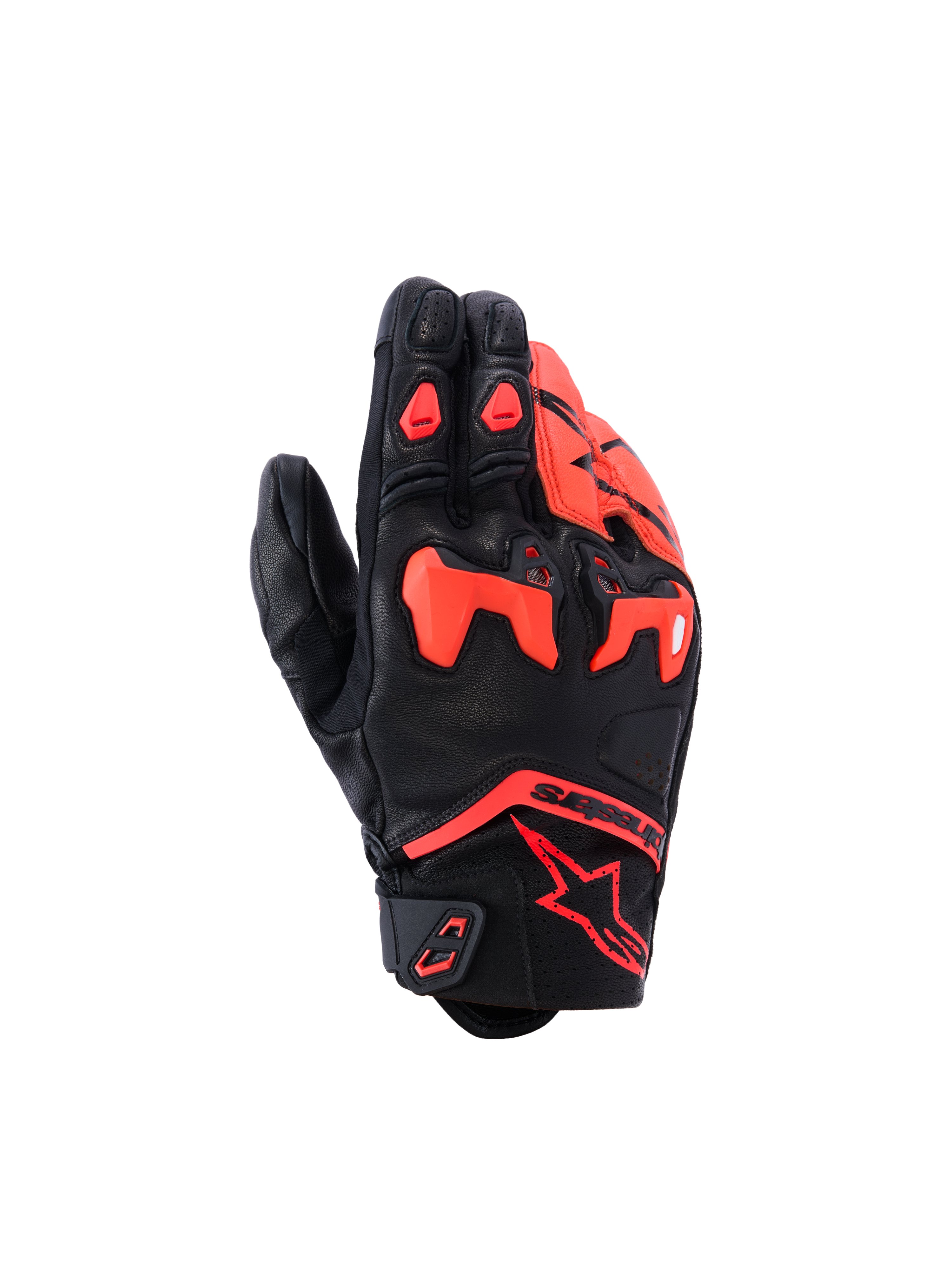 Alpinestars SP-R Tech Gloves, Short-Cuff Motorcycle Gloves, Black and Red Fluo, featuring divided TPU knuckle armor, premium goat leather construction, and Alpinestars star logo on the wrist