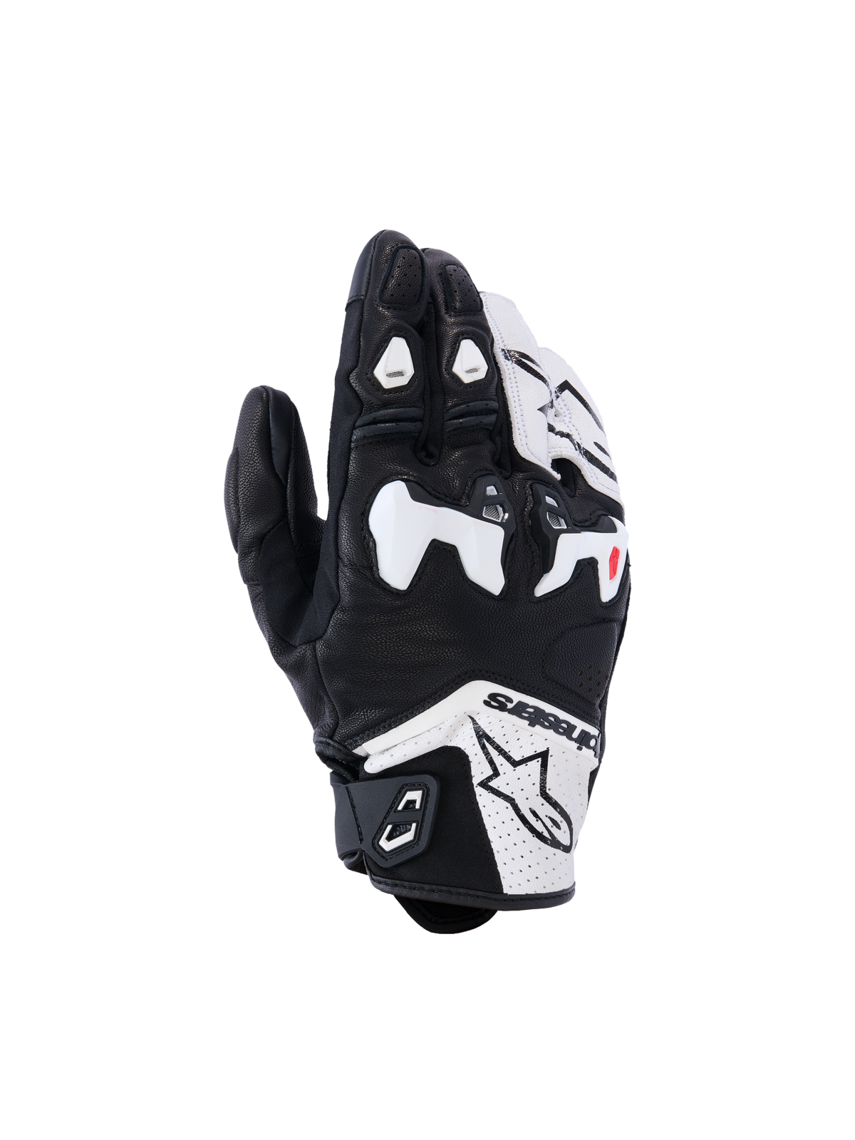 Alpinestars SP-R Tech Gloves, Motorcycle Racing Gloves, Black and White, featuring a white TPU divided knuckle protector, perforated leather construction, Alpinestars branding on the cuff, and red finger accents, short-cuff sport design.