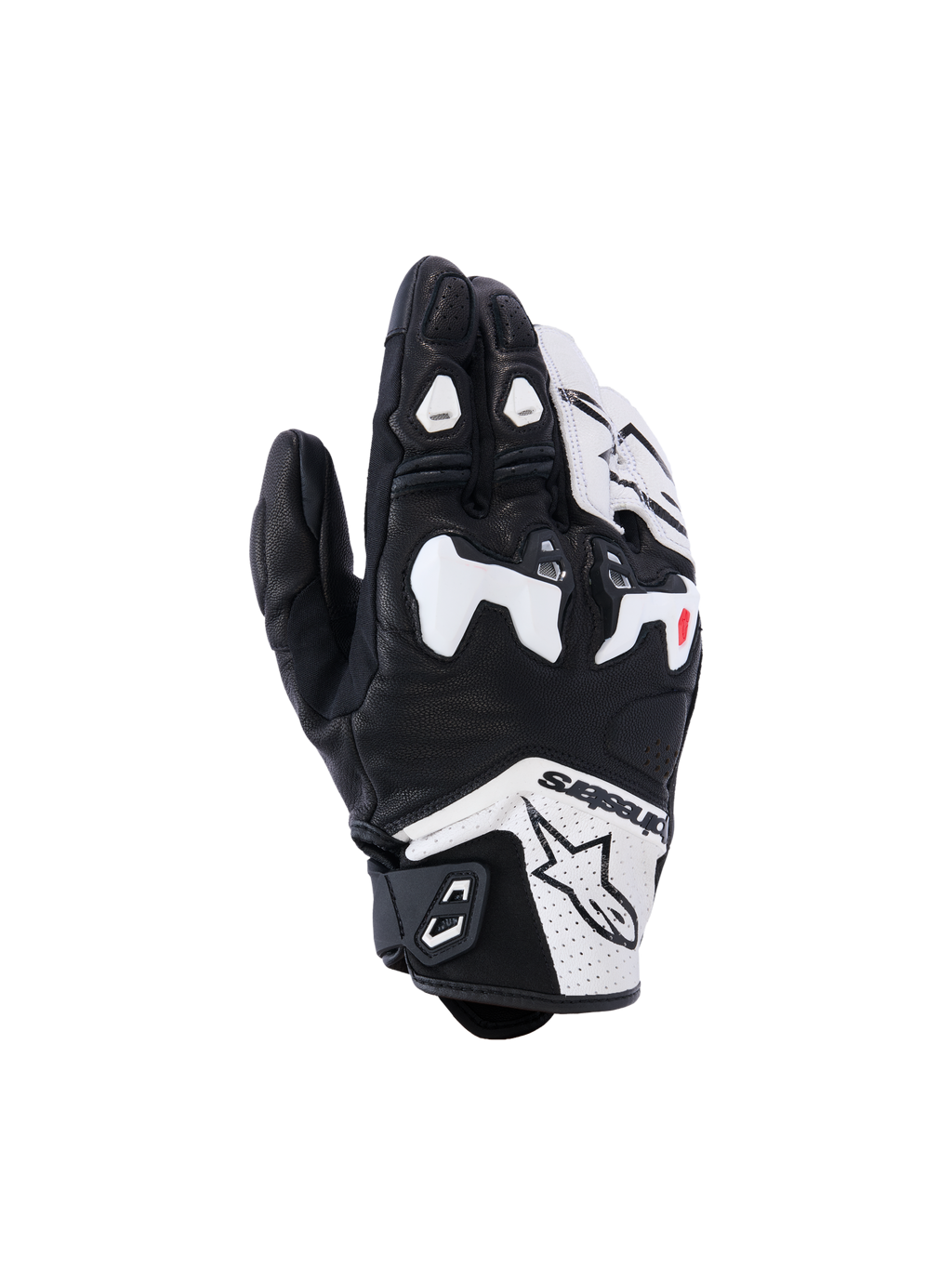 Alpinestars SP-R Tech Gloves, Motorcycle Racing Gloves, Black and White, featuring a white TPU divided knuckle protector, perforated leather construction, Alpinestars branding on the cuff, and red finger accents, short-cuff sport design.