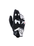 Alpinestars SP-R Tech Gloves, Motorcycle Racing Gloves, Black and White, featuring a white TPU divided knuckle protector, perforated leather construction, Alpinestars branding on the cuff, and red finger accents, short-cuff sport design.
