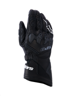 Alpinestars SP-9 Gloves, Black Motorcycle Racing Gloves, full-grain leather with SP-R TPU knuckle protection, long cuff with white Alpinestars branding, perforated details and ergonomic sport design