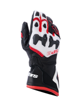 Alpinestars SP-9 Gloves, Motorcycle Racing Gloves, Black White and Red, protective knuckle padding, textured grip sections, reinforced fingers, ventilation holes, durable construction with wrist logo
