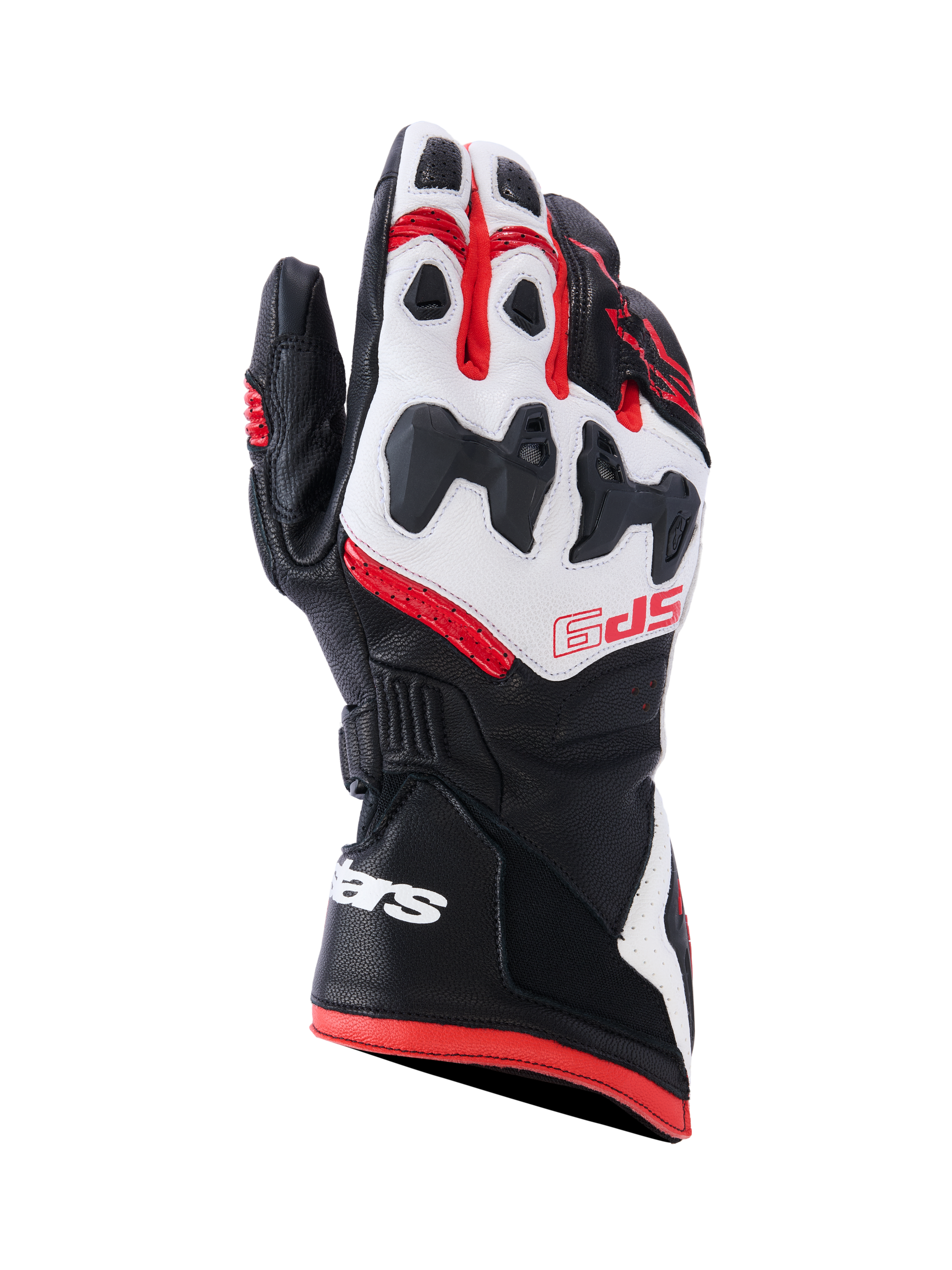 Alpinestars SP-9 Gloves, Motorcycle Racing Gloves, Black White and Red, protective knuckle padding, textured grip sections, reinforced fingers, ventilation holes, durable construction with wrist logo