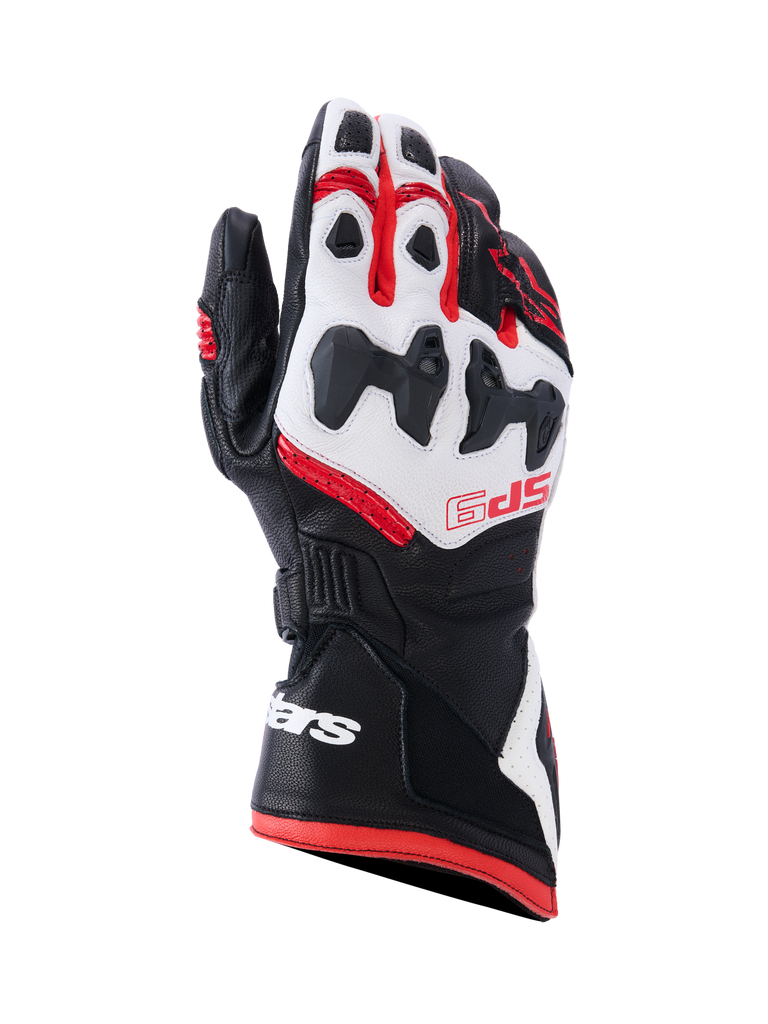 Alpinestars SP-9 Gloves, Motorcycle Racing Gloves, Black White and Bright Red, featuring SP-R divided knuckle protection, perforated goat leather, red SP-9 branding on the backhand, and white logo on the long dual-closure cuff.