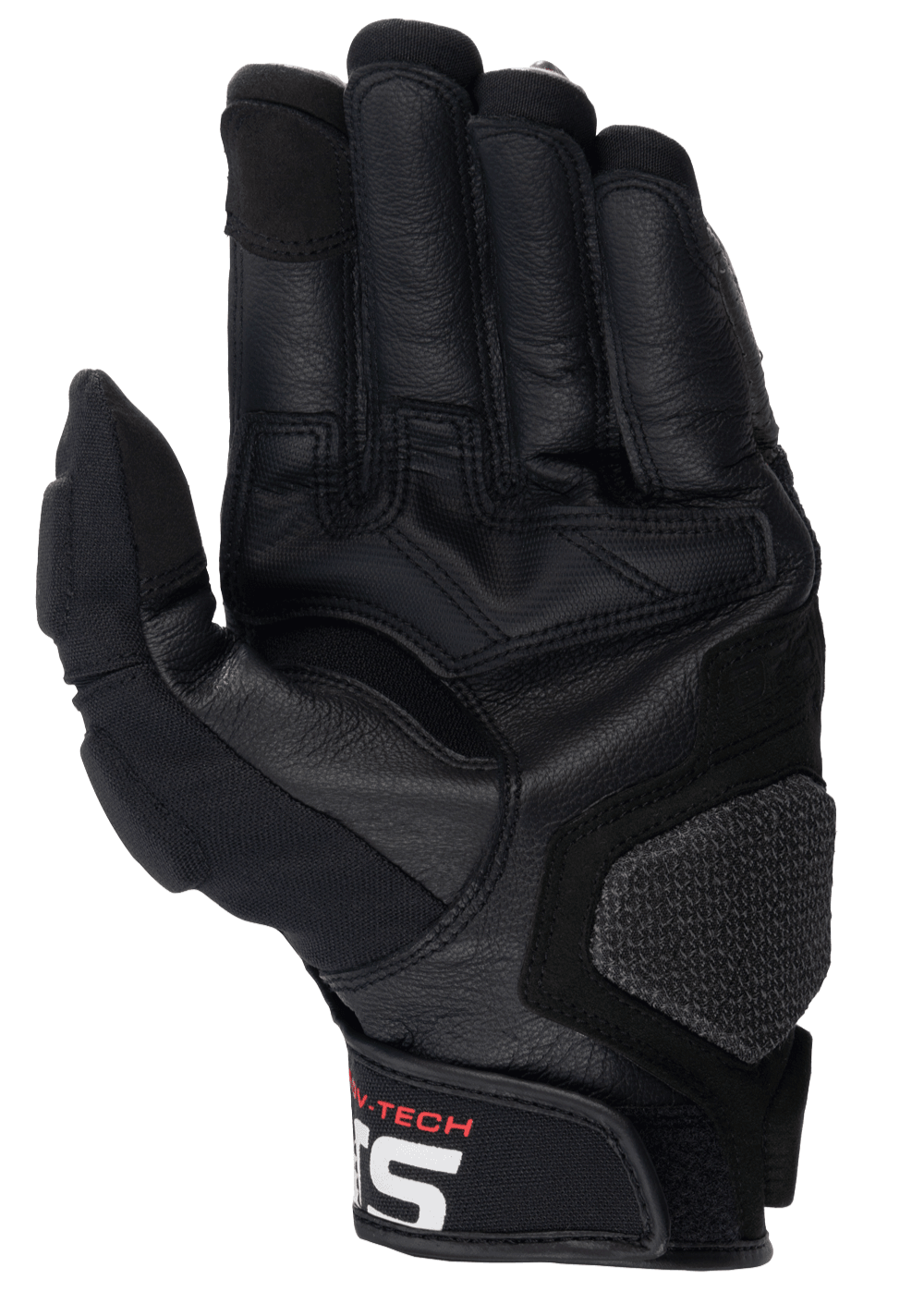 Alpinestars Halo Leather Gloves, Motorcycle Gloves, Black, palm view with reinforced leather and rubber grip, features textured landing pad and short cuff with white Alpinestars logo, adventure touring gear