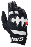 Alpinestars Halo Leather Gloves, Adventure Motorcycle Gloves, Black and White, featuring a large white over-injected knuckle protector, perforated leather panels for airflow, and a short cuff with bold white branding.