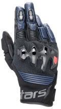Alpinestars Halo Leather Gloves, Motorcycle Gloves, Dark Blue and Black, featuring over-injected knuckle protection, perforated leather fingers, mesh panels for ventilation, and a short cuff design with Alpinestars branding
