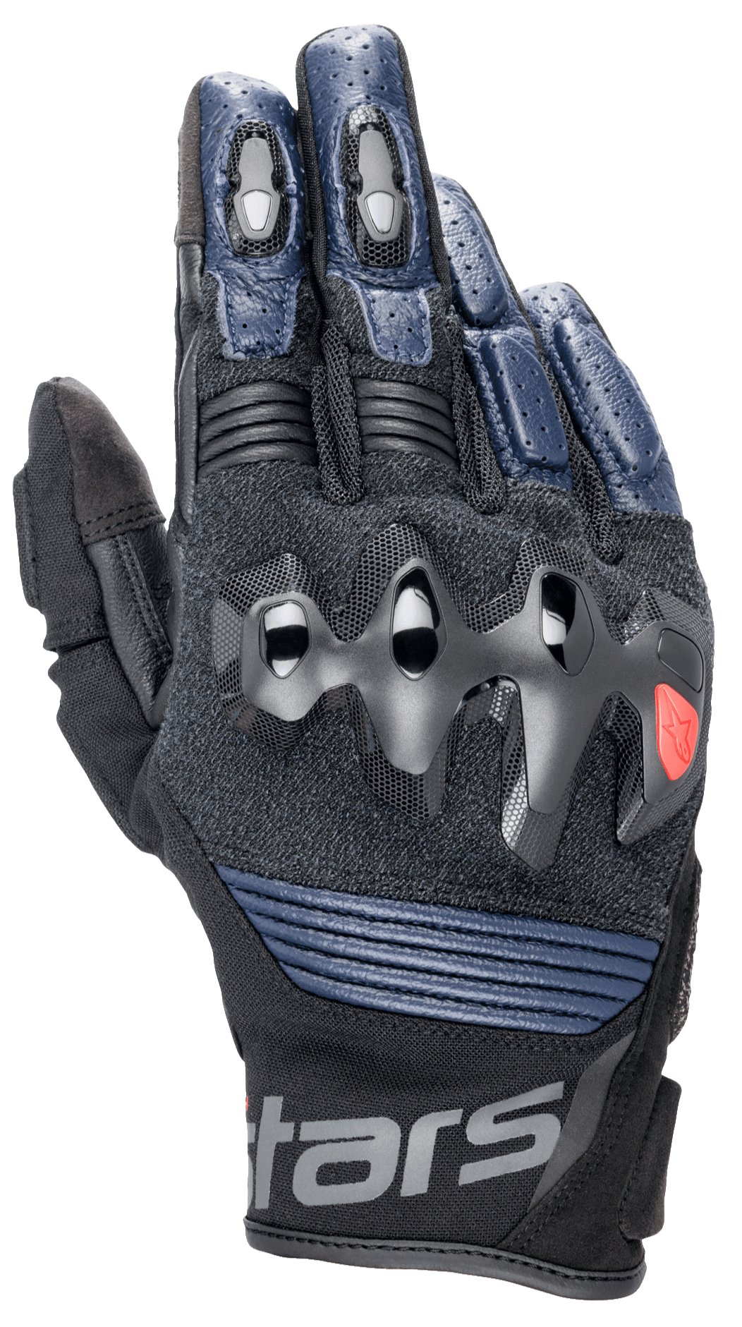 Alpinestars Halo Leather Gloves, Motorcycle Gloves, Dark Blue and Black, featuring over-injected knuckle protection, perforated leather fingers, mesh panels for ventilation, and a short cuff design with Alpinestars branding