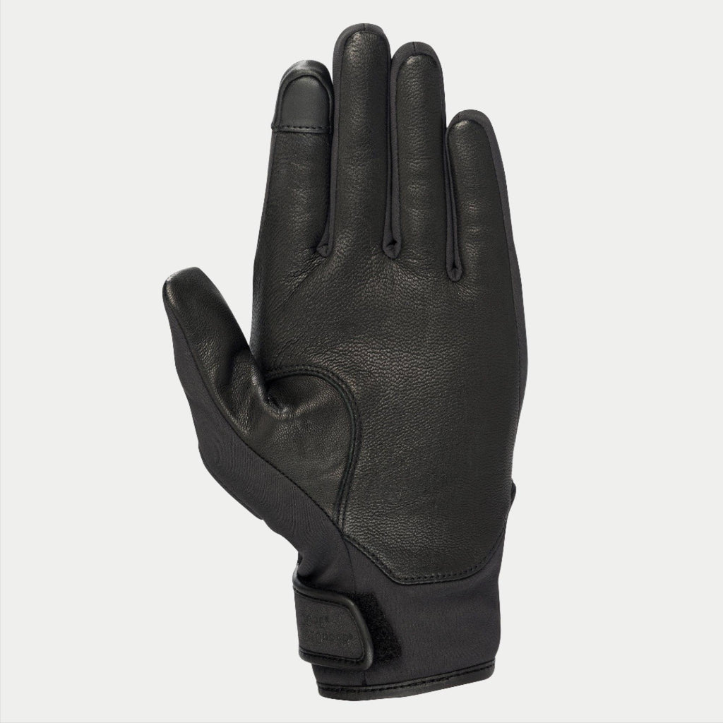 Alpinestars Women Stella C1 Windstopper V2 Gloves, Black, palm view featuring full-grain leather reinforcements and touchscreen compatible index fingertip, hook and loop cuff closure, sleek urban riding design