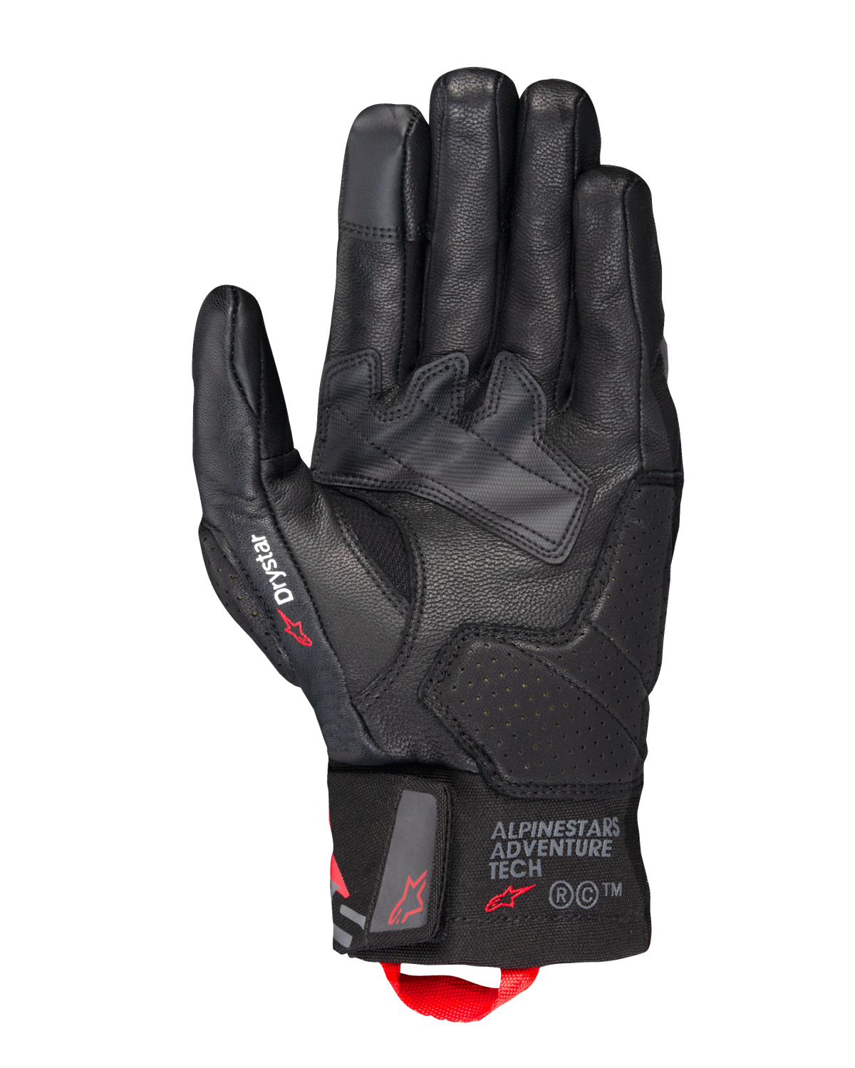 Alpinestars Belize V3 Drystar® Gloves, Black Motorcycle Touring Gloves, palm view featuring leather construction with perforated reinforcements, Drystar branding on the thumb, Adventure Tech logo on the cuff, and a red pull loop.
