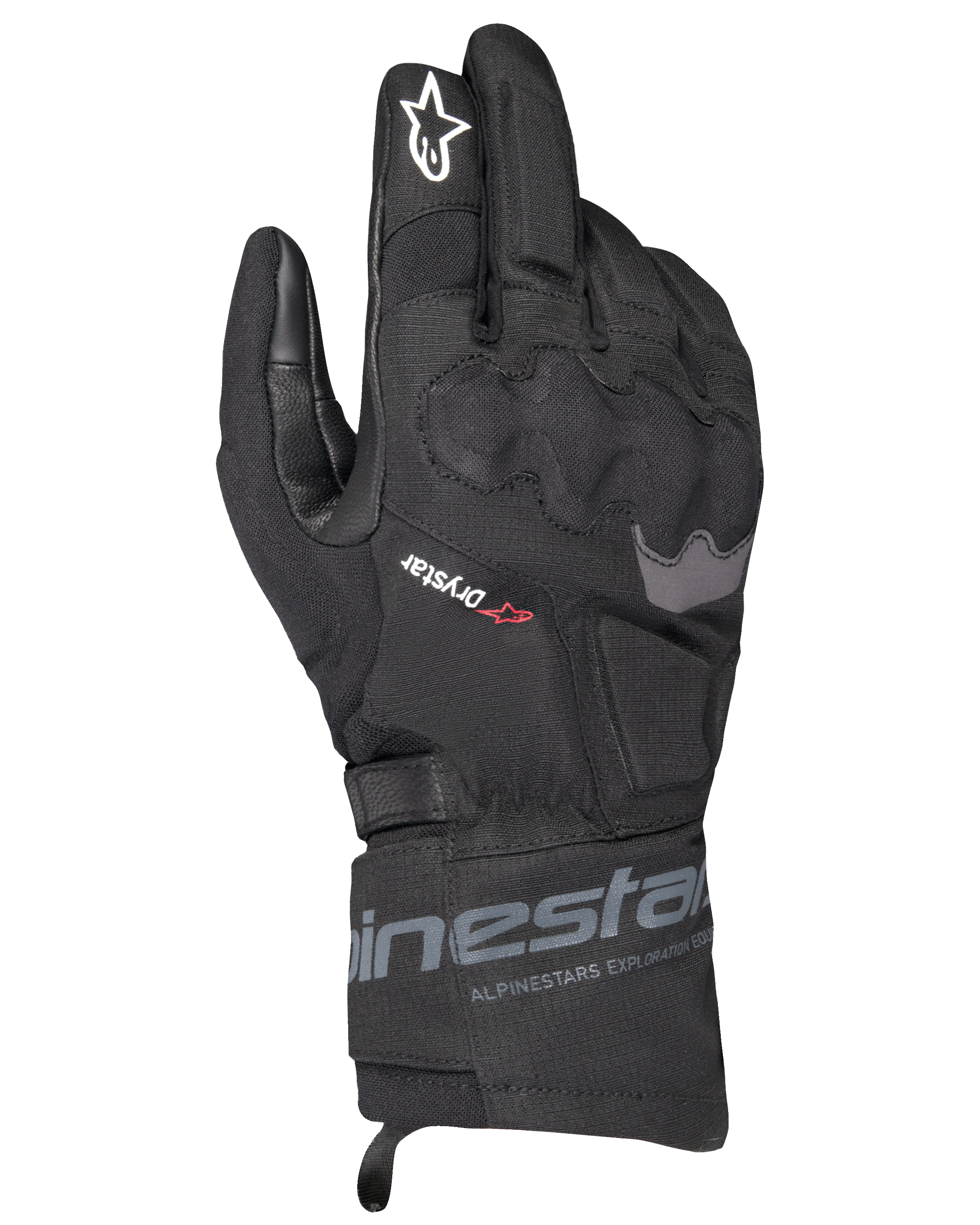 Alpinestars WT-3 Drystar Insulated Gloves, Black Motorcycle Touring Gloves, waterproof and insulated construction with molded knuckle protection, white star logo on the index finger, and mid-length cuff with Alpinestars branding.