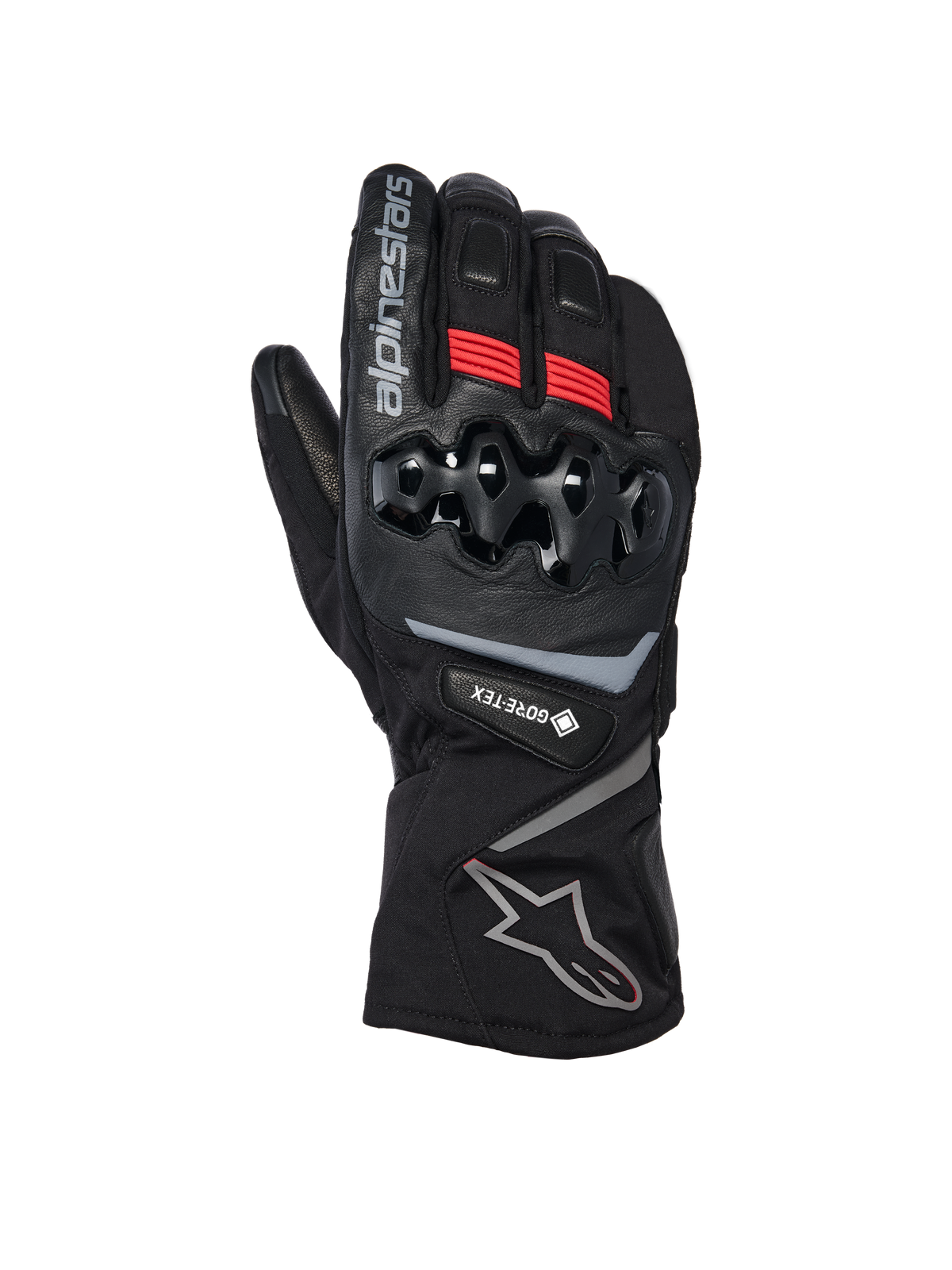 Alpinestars WT-8 GORE-TEX Insulated Gloves, Motorcycle Winter Gloves, Black with red accents and silver logos, featuring hard TPU knuckle protection, long cuff, and GORE-TEX waterproofing for cold weather riding