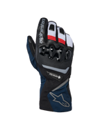 Alpinestars WT-8 GORE-TEX Insulated Gloves, motorcycle winter gloves, Black and Dark Blue with red and white accents, featuring hard TPU knuckle protection, GORE-TEX branding, and long-cuff design.