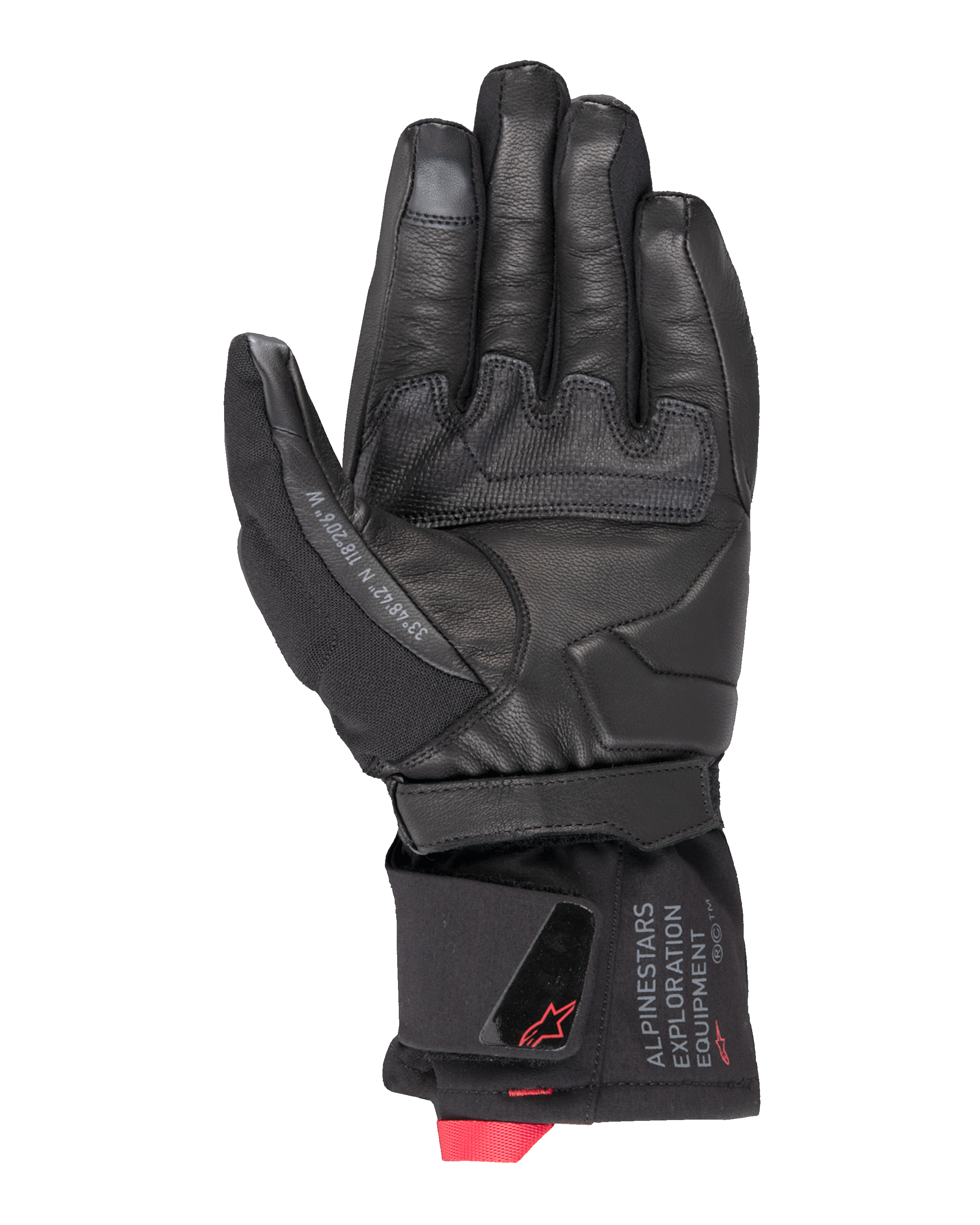 Alpinestars WT-4 GORE-TEX Insulated Glove, Motorcycle Glove, Black, palm view featuring leather construction with a rubber grip patch, mid-length cuff with Alpinestars Exploration Equipment branding and red logo accents