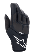 Alpinestars Thermo Shielder Gloves, Black Motocross Gloves, featuring a large white star logo and ASTARS branding, padded backhand with laser-laminated details, neoprene construction for cold weather, perforated thumb ventilation