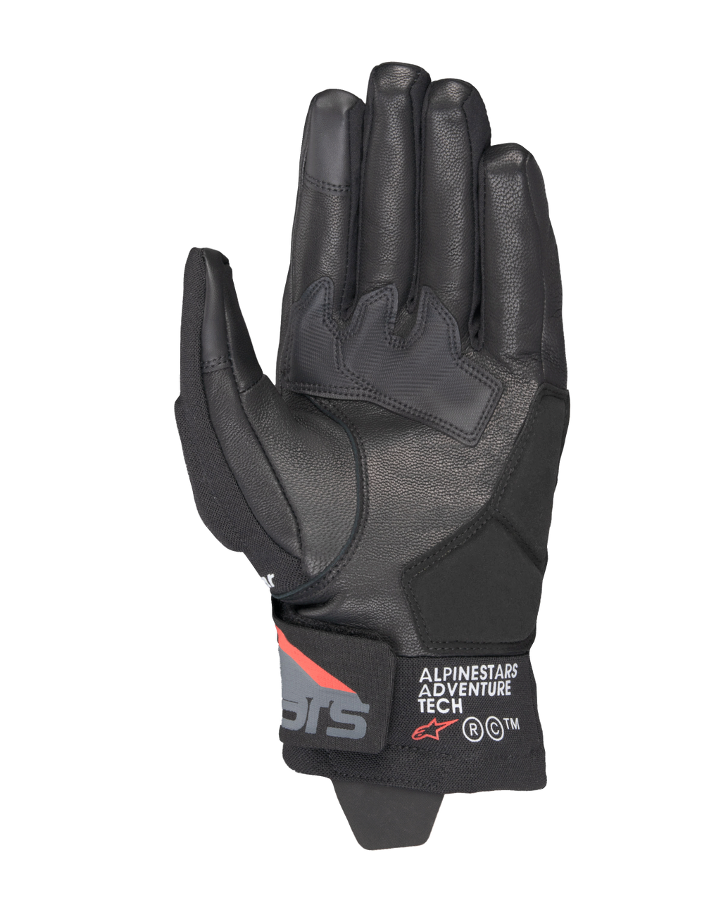 Alpinestars Corozal V3 Drystar® Gloves, Black Deep Gray Red Fluo, palm view featuring leather construction, synthetic palm reinforcements, and short cuff with Alpinestars Adventure Tech branding