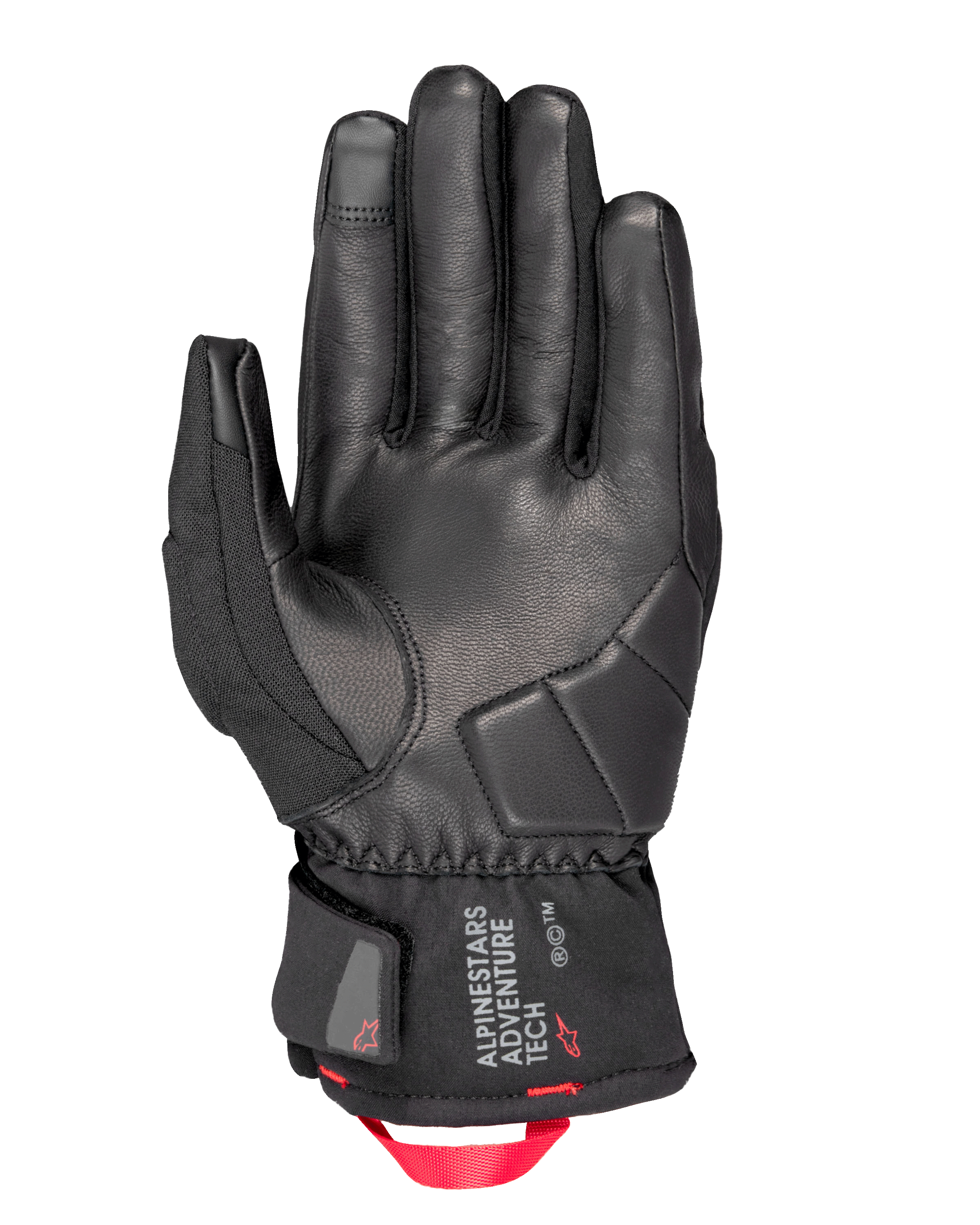 Alpinestars Crestone GORE-TEX Insulated Gloves, Motorcycle Gloves, Black, palm view featuring leather construction with reinforced impact padding, short cuff with Alpinestars Adventure Tech logo, and a bright red webbing pull loop