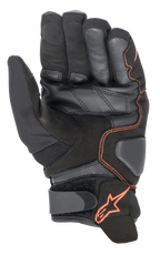Alpinestars SMX-1 Drystar® Gloves, Motorcycle Gloves, Black and Red Fluo, palm view highlighting reinforced leather and suede construction, padded landing zones, and Velcro wrist strap with red star logo.