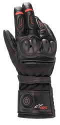 Alpinestars HT-7 Heat Tech Drystar Gloves, Heated Motorcycle Gloves, Black with Red accents, electronic Heat Tech system with cuff power button, TPU knuckle protection, waterproof Drystar technology, leather and textile construction