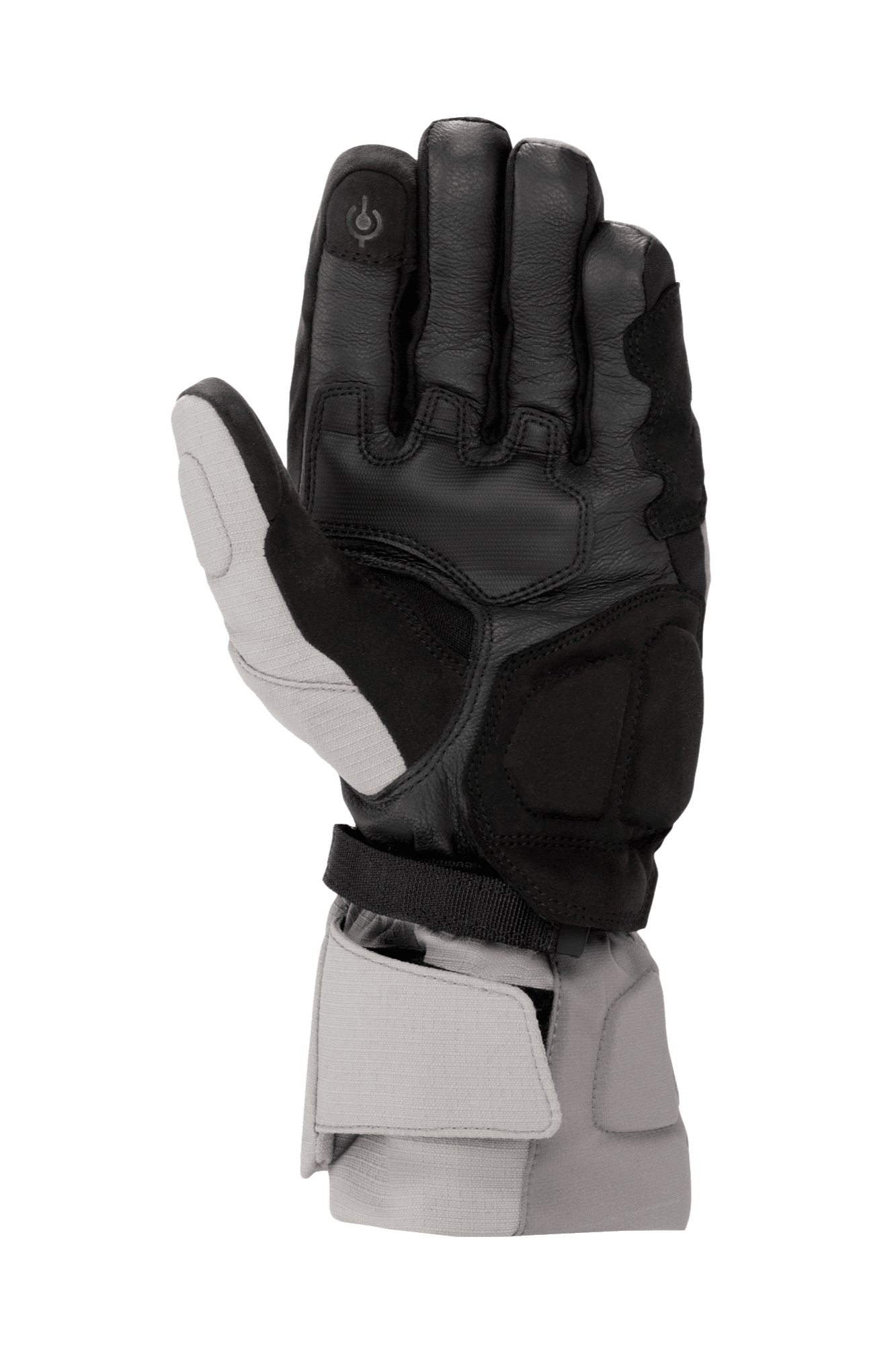 Alpinestars WR-X GORE-TEX Gloves, Winter Motorcycle Gloves, Dark Gray Ice Gray and Black, palm view showing leather construction, synthetic suede reinforcements, touchscreen compatible index finger, and long cuff for weather protection