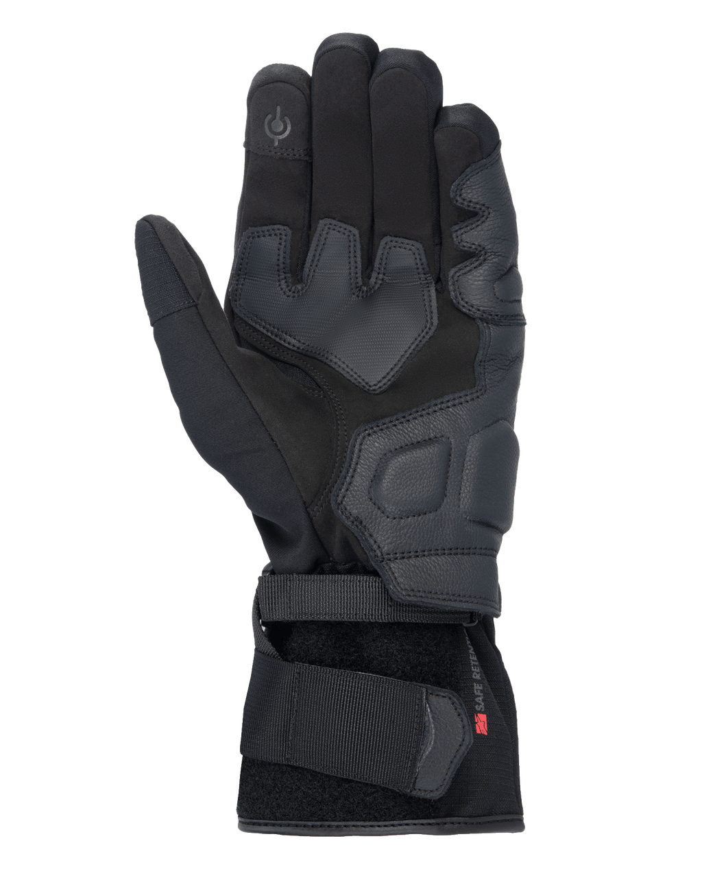 Alpinestars Tourer W-7 V2 Drystar® Gloves, Black motorcycle gloves, palm view featuring leather reinforcements, padded grip areas, touchscreen-compatible fingertip, and secure wrist strap closure.