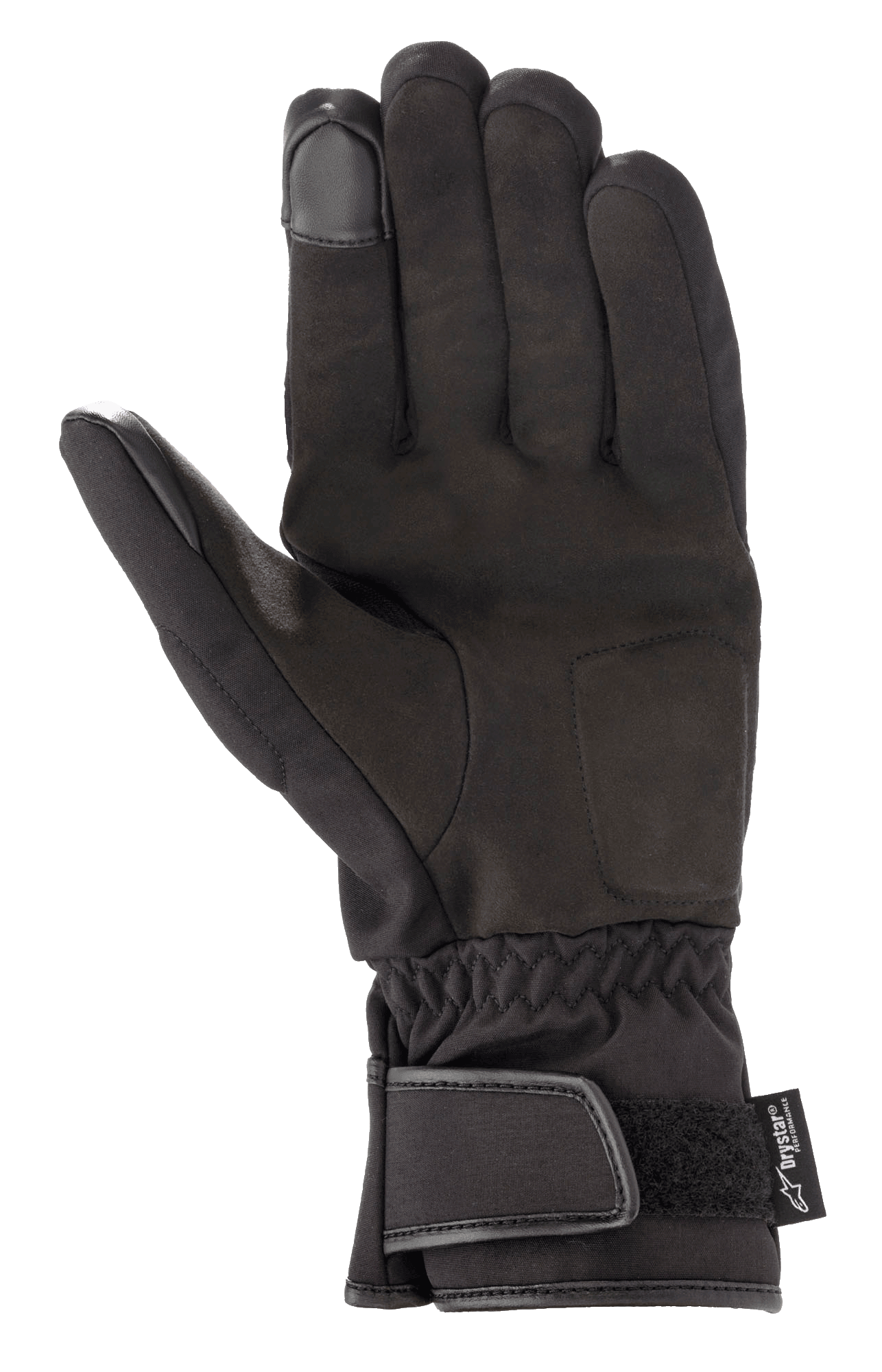Alpinestars SR-3 V2 Drystar® Gloves, Waterproof Motorcycle Gloves, Black, palm view featuring synthetic leather, gauntlet cuff with velcro closure, and touchscreen compatible fingertips