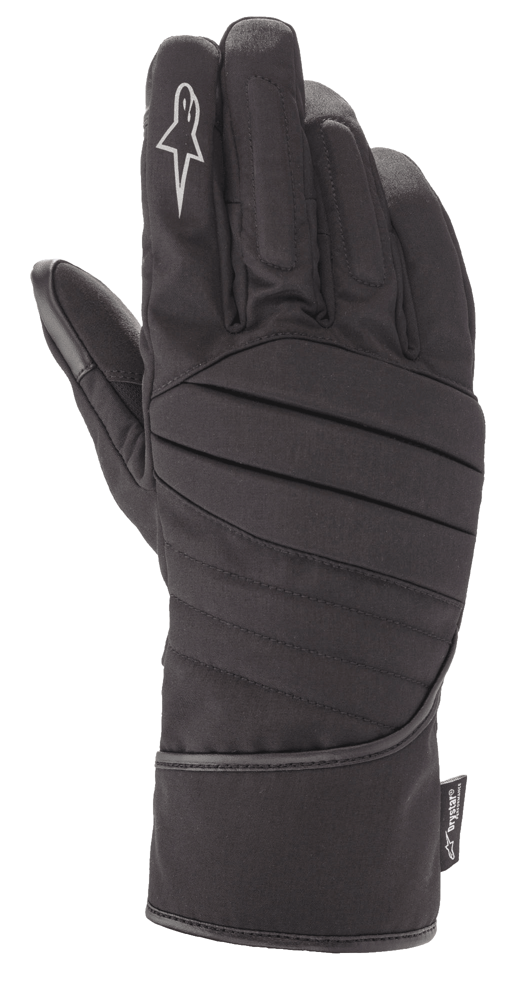 Alpinestars SR-3 V2 Drystar® Gloves, Black Waterproof Motorcycle Touring Gloves, gauntlet style featuring a padded ribbed backhand, white star logo on the index finger, and a Drystar® performance tag