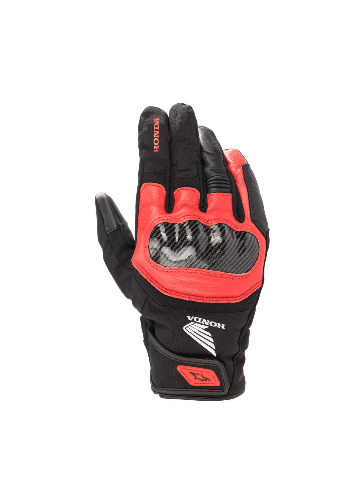 Alpinestars Honda SMX Z Drystar® Glove, waterproof road motorcycle glove, black and bright red leather with hard knuckles.