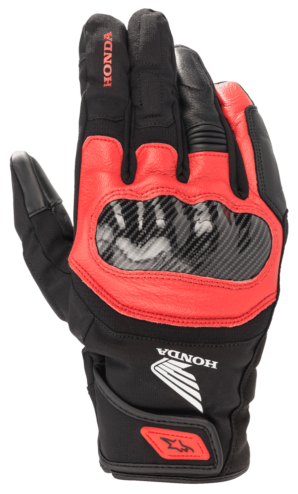 Honda SMX Z Drystar® Glove, Black and Bright Red Motorcycle Glove, Carbon Fiber Knuckle Guard, Leather and Textile Construction, Honda Branding, Waterproof Protection, Short Cuff with Wrist Strap