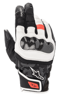 Alpinestars SMX Z Drystar Gloves, Short Cuff Motorcycle Riding Gloves, Black White and Red Fluo, featuring a hard knuckle protector with carbon fiber texture, supple white leather panels, and red accents on the finger and wrist strap